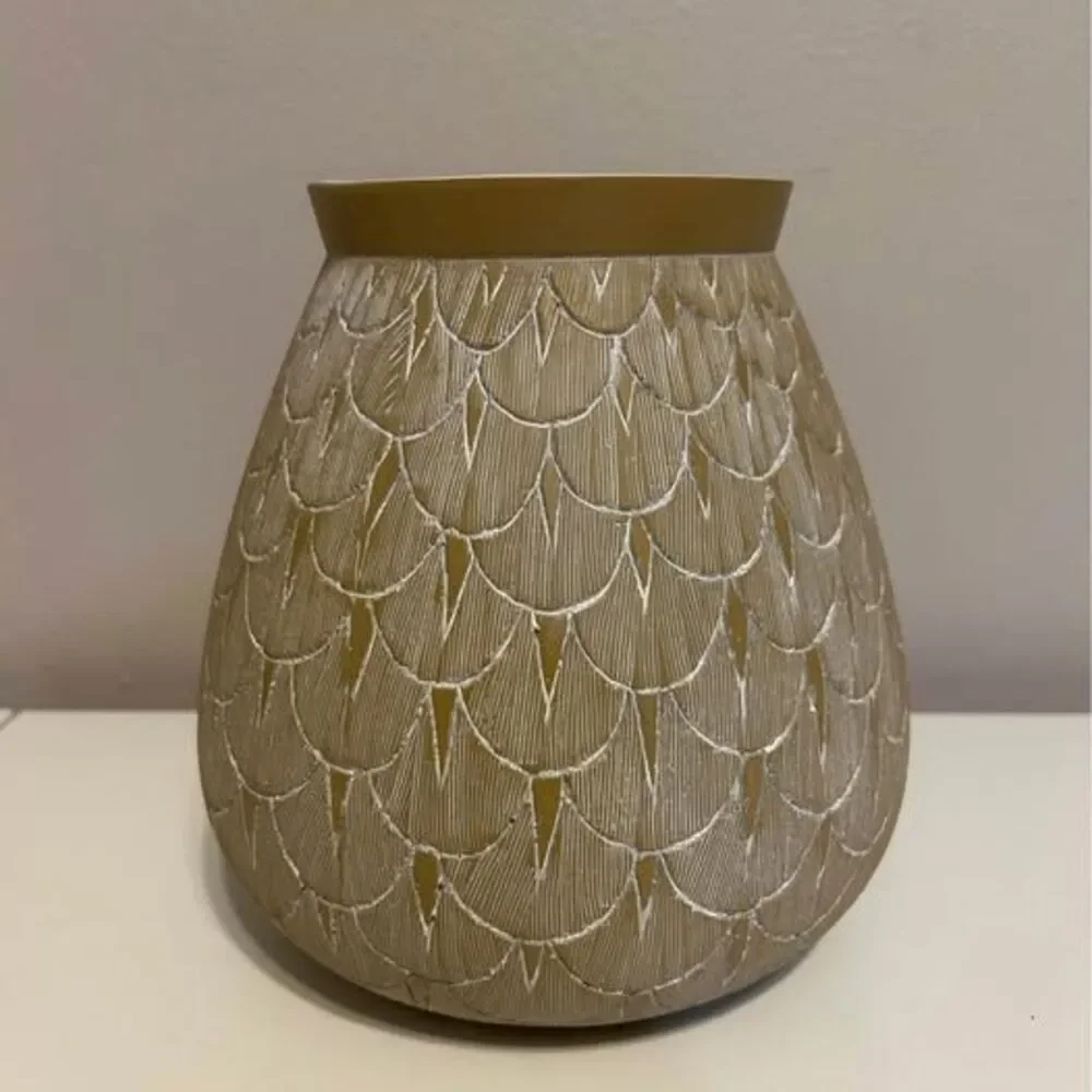 Beige White Textured Scallop Ceramic Vase Boho Coastal Modern Decor 8 1/2 in